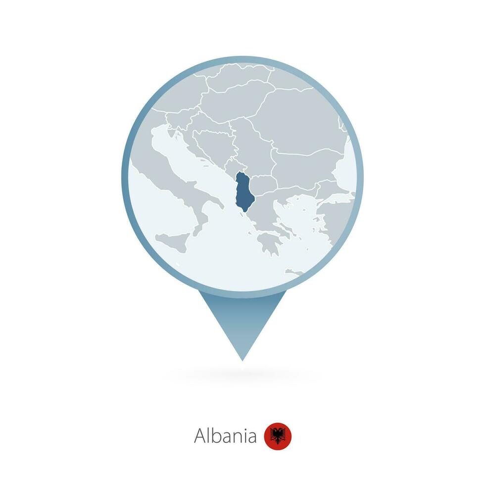 Map pin with detailed map of Albania and neighboring countries. vector