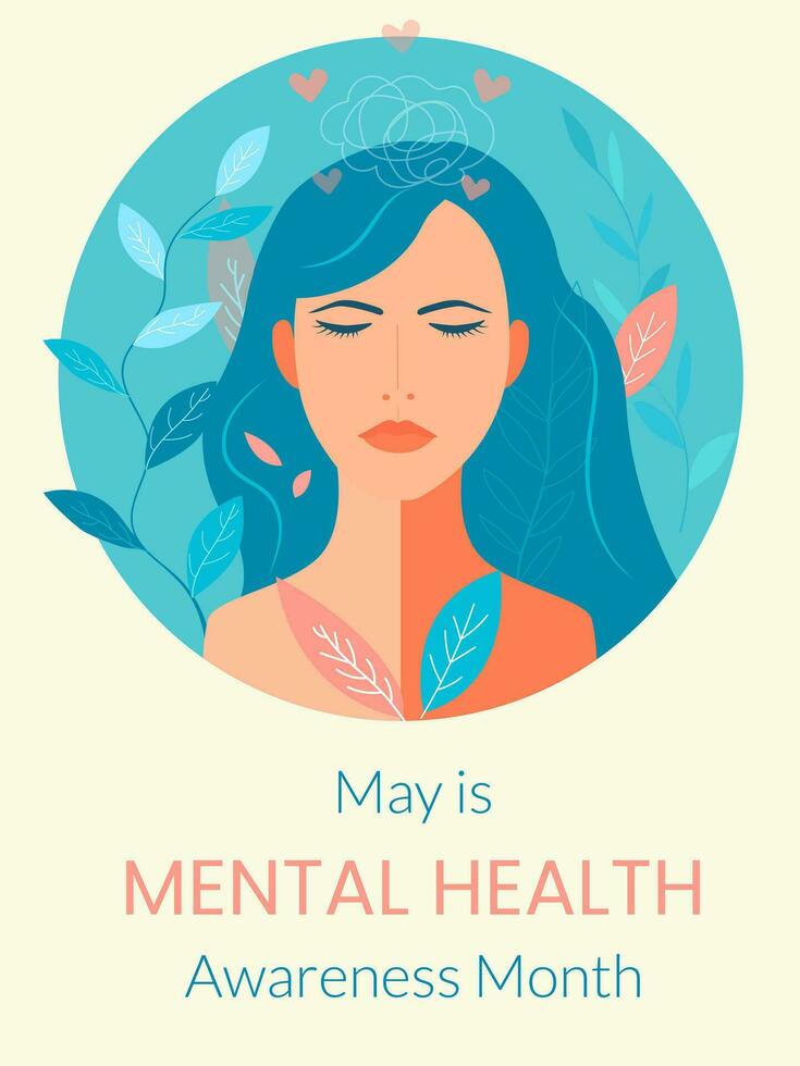 Banner for Mental Health Awareness Month in May. Girl with leaves on a light background vector