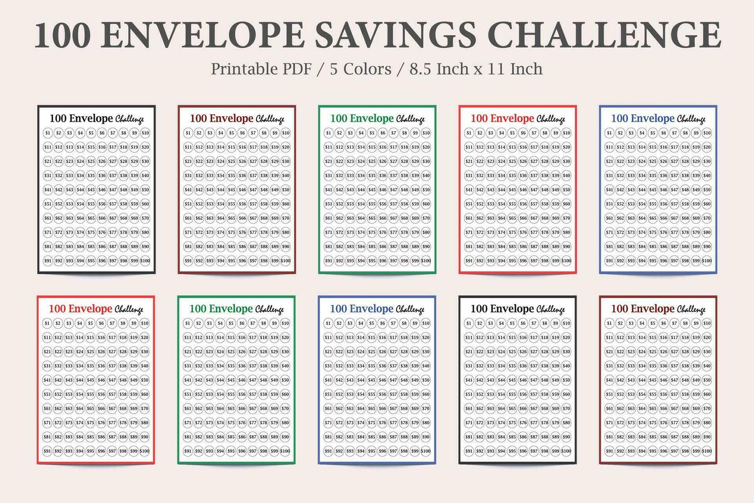 100 Envelope Savings,Savings Tracker 100,Money Challenge Printable,Financial Challenge,100 Weeks Savings,100 Envelope Budget,Savings Planner vector