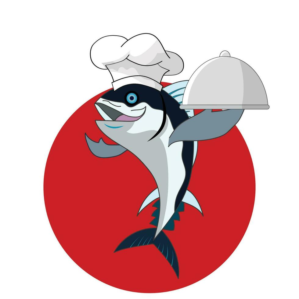 Cartoon fish chef. Put on a hat. Hand holding a frying pan. chef, seafood, mackerel vector