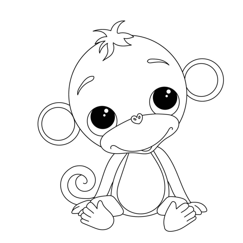 Monkey. Baby monkey. Cute drawings. Children's pictures. Sitting posture. Coloring lines.Wild animals, monkey cartoon vector