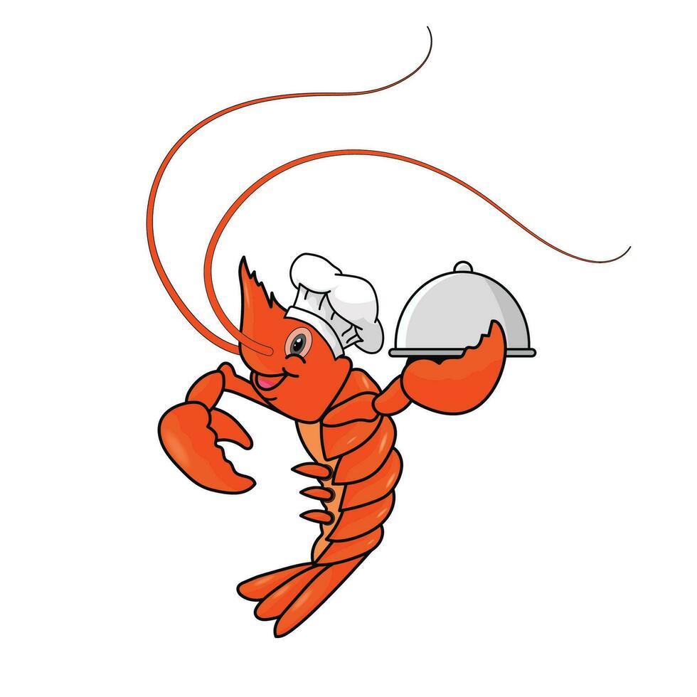 Shrimp with a cartoon chef costume. Seafood logo. The chef cooks .Grilled shrimp vector