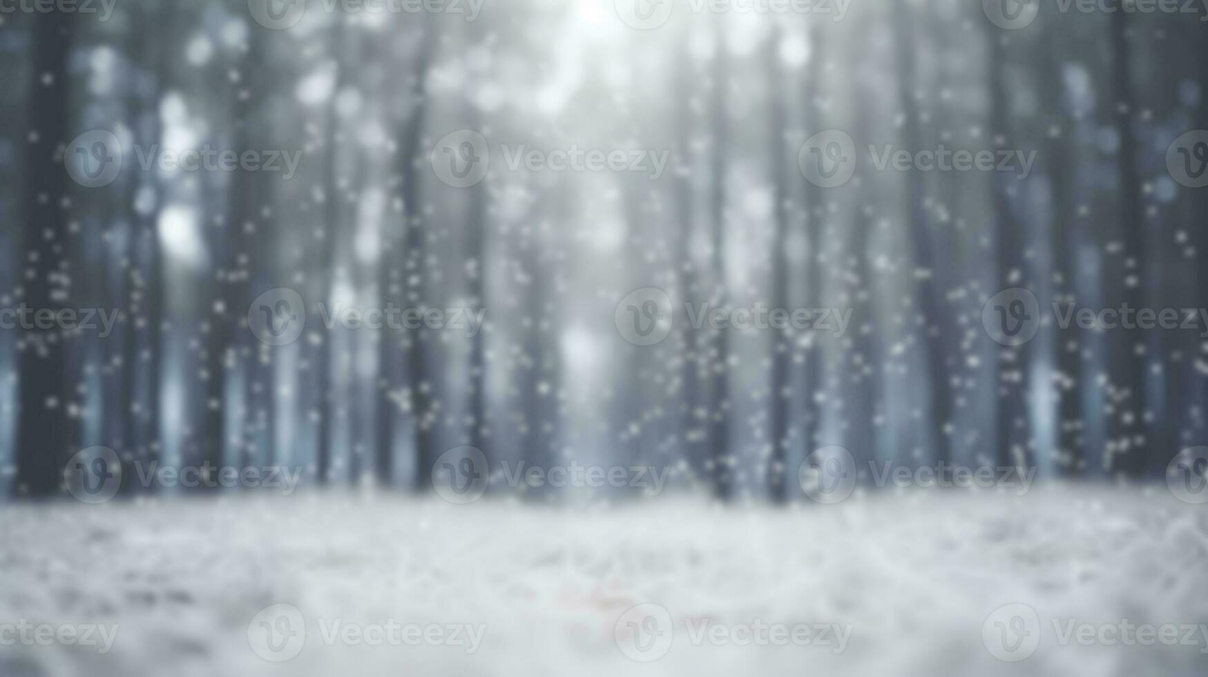 blur pine forest white snow falling background. festive winter seasonal Christmas and new year decoration concept. generative AI photo