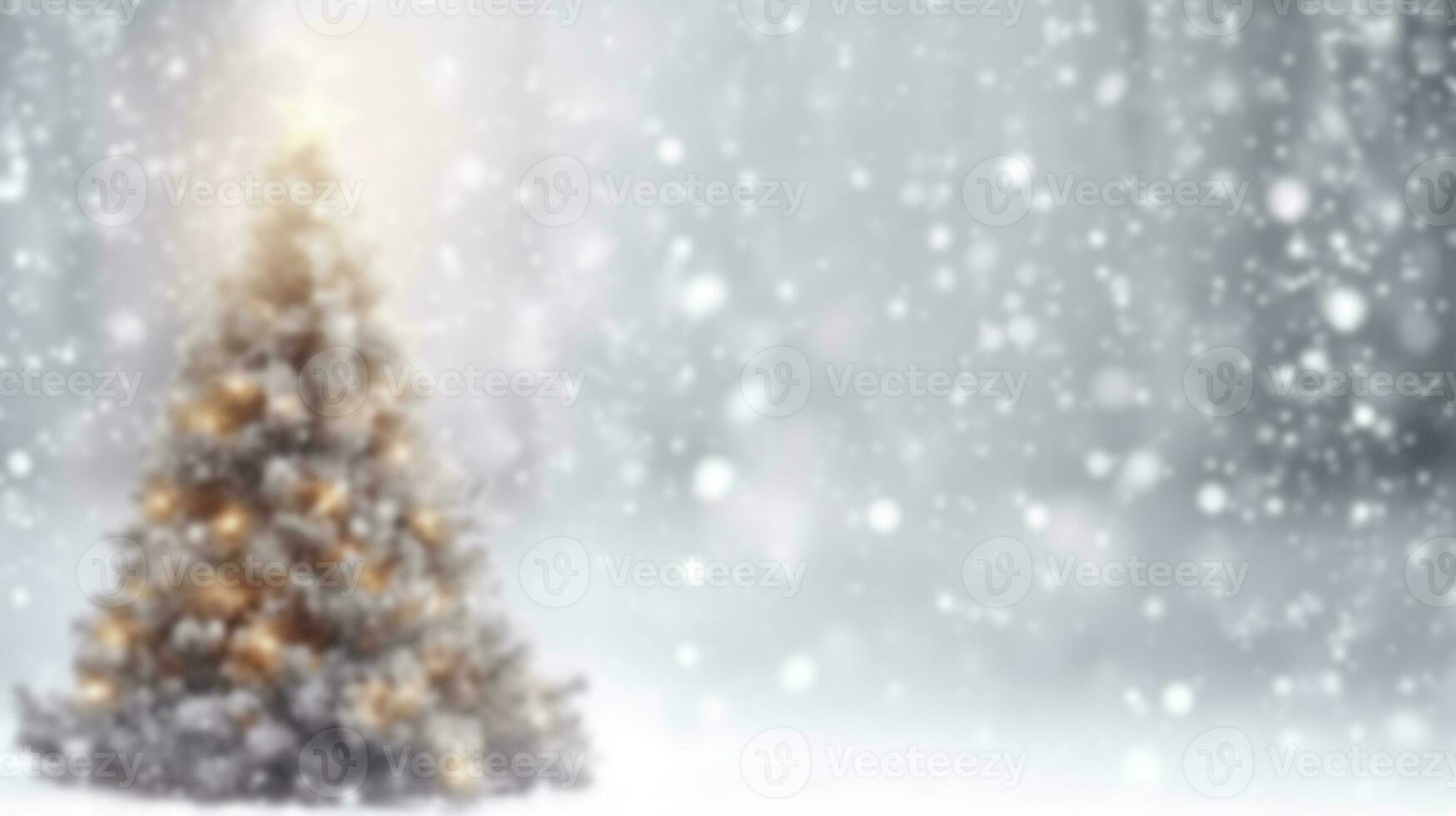 blur Christmas tree with white snow falling background with copy space for festive winter holiday seasonal banner and card design. generative AI photo