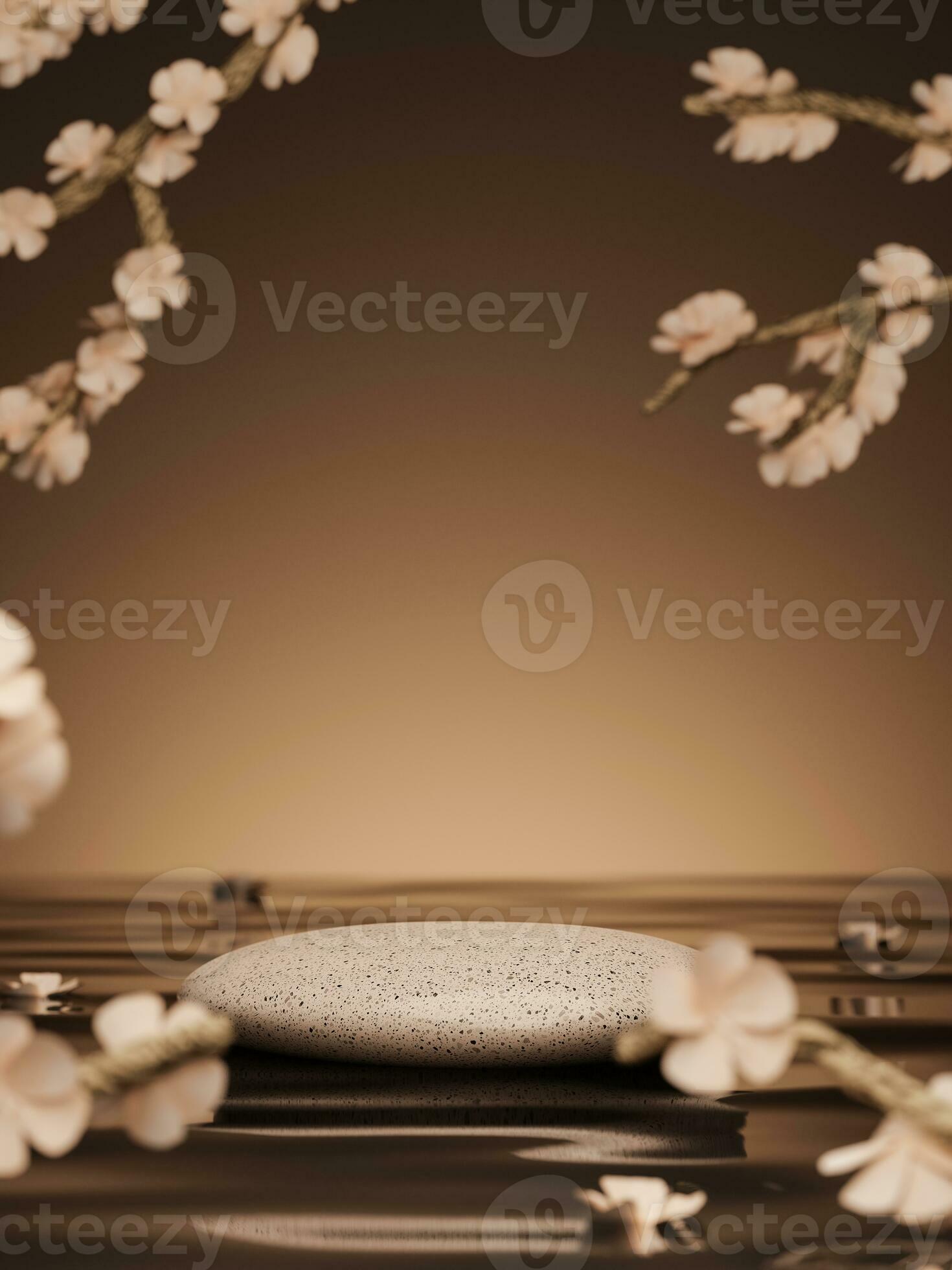 3d pebbles display podiums on water and cherry blossom flower or Sakura ...