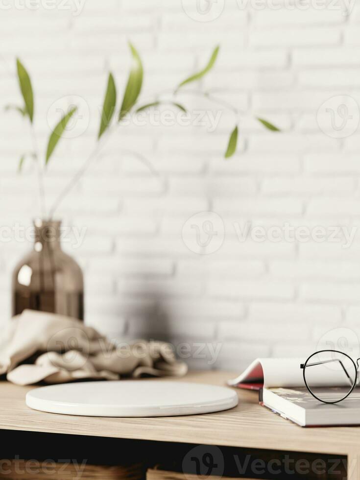 3d ceramic display podium on the wooden table with plant vase and fabric against white brick wall. 3d rendering of realistic presentation for product advertising. 3d illustration. photo