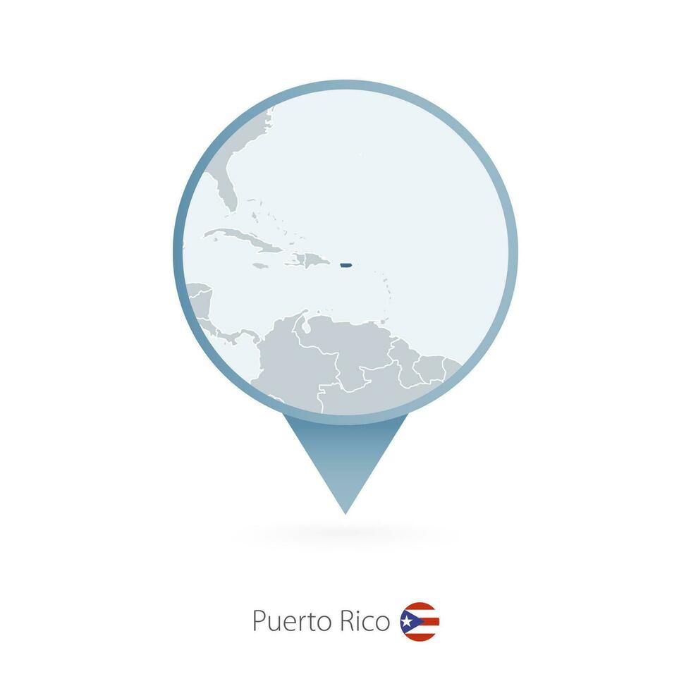 Map pin with detailed map of Puerto Rico and neighboring countries. vector