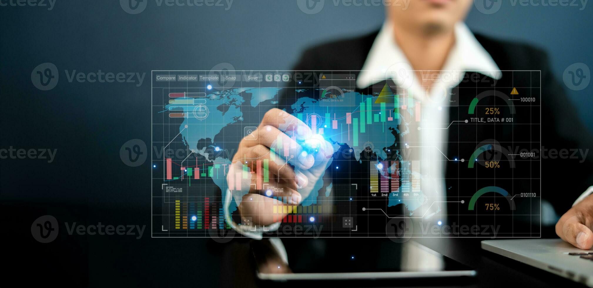Business analysis technology, Businessman and finance analysis use digital tablets and computer notebooks to analyze financial graphs, stock market reports, and economic graph growth charts photo