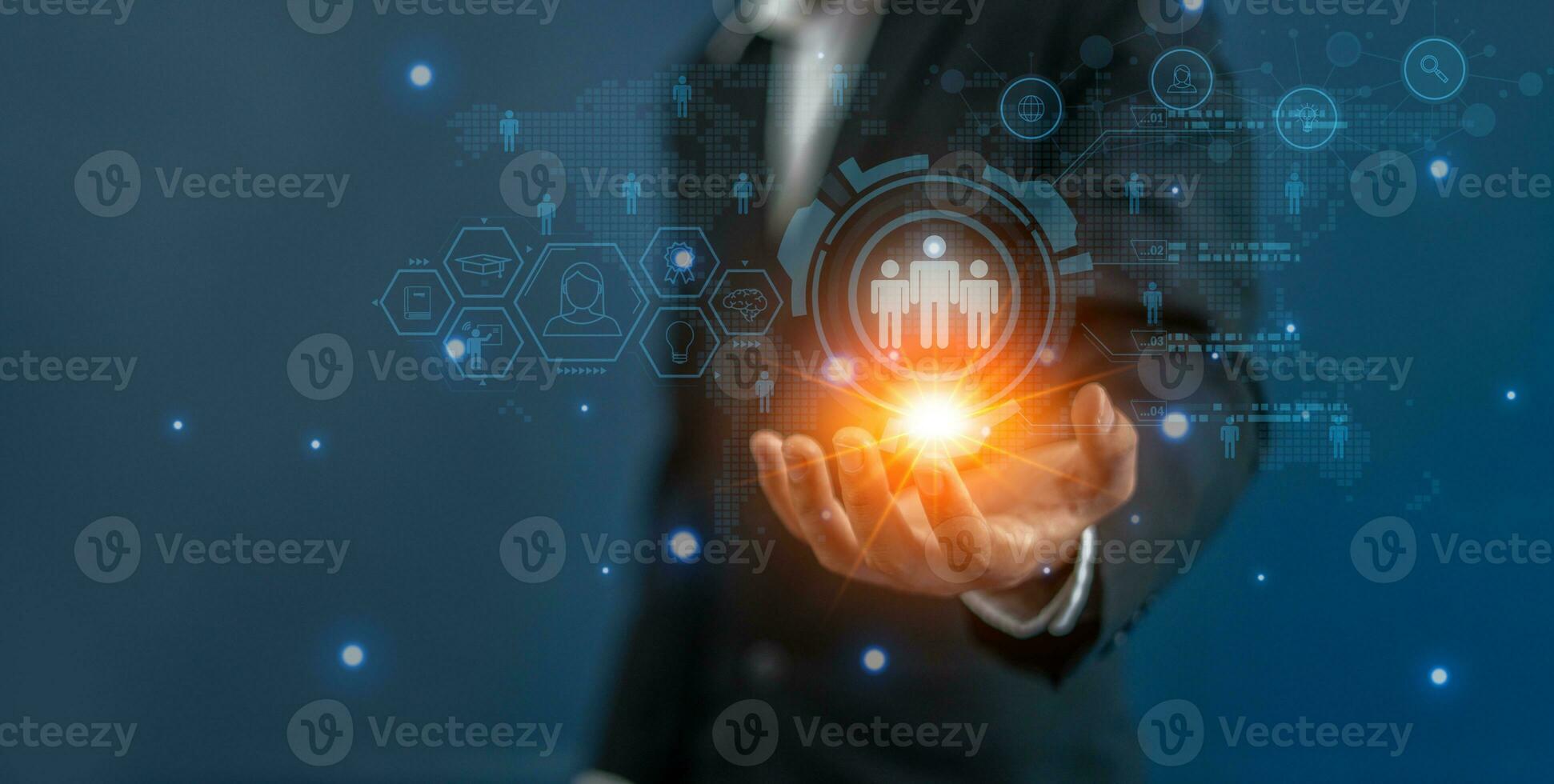 Business , customer Relationship Management  with global structure Human Resources network technology and data exchange development. customer service, social media. digital marketing online. photo