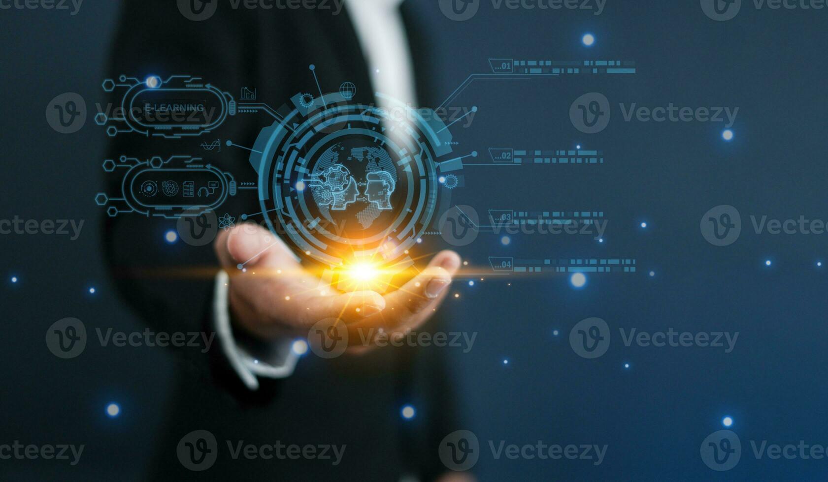 Businessman use AI technology artificial intelligence to generate data  and analysis using technology smart robot AI for Futuristic technology transformation data connection with global, Chat with AI photo