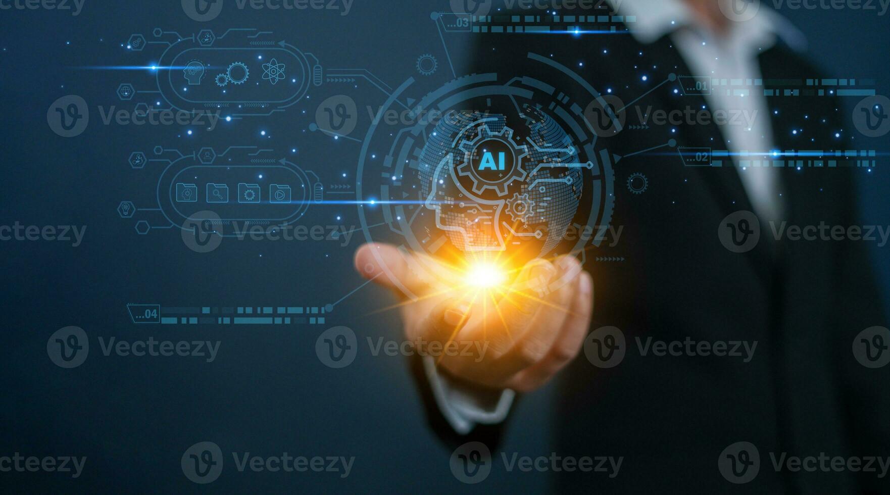 Businessman uses AI technology and smart robot AI, artificial intelligence to generate information something and connect with global, Futuristic technology transformation data, Chat with AI photo