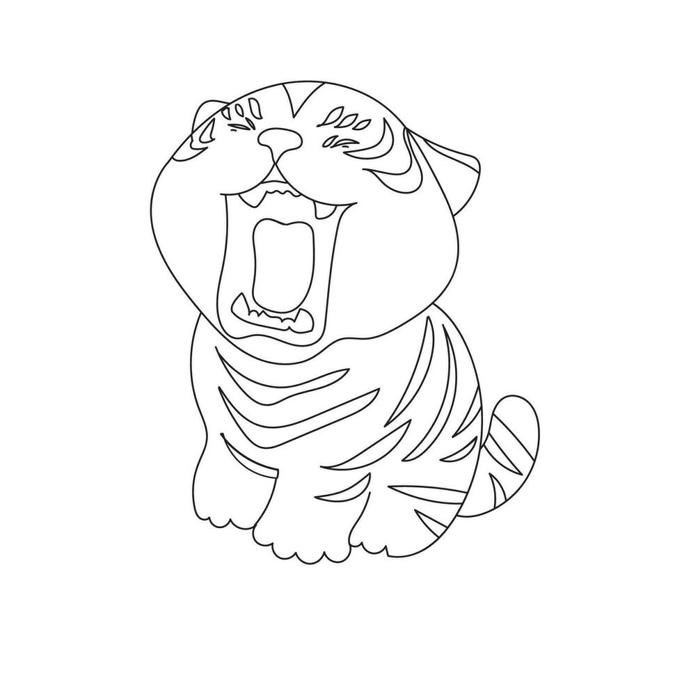 Scout. Tiger. Open mouth. White teeth. Red tongue. Cute. Black pattern. Tiger on white background. sleepy. line drawing vector