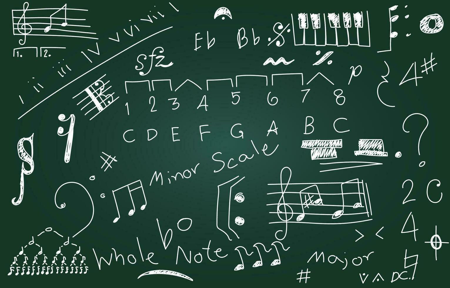 Set of musical notes. Writing notes. Green board. Music theory. Shock color. vector