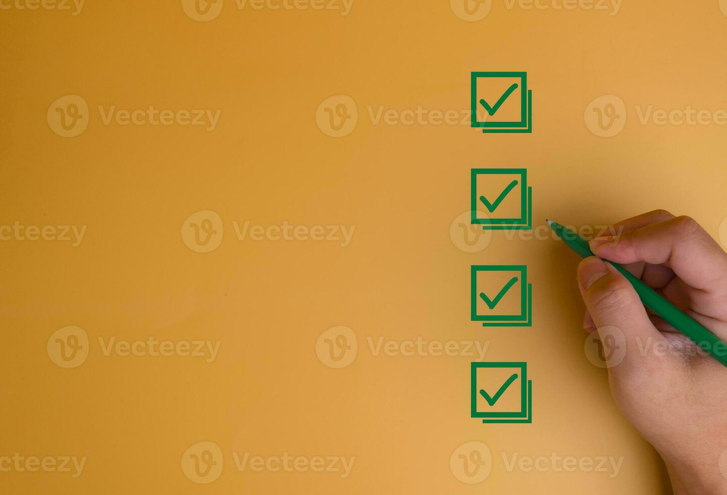 Businessman checking mark on the check boxes with marker green. Tick Checklist form feedback, satisfaction, exam on background concept. photo
