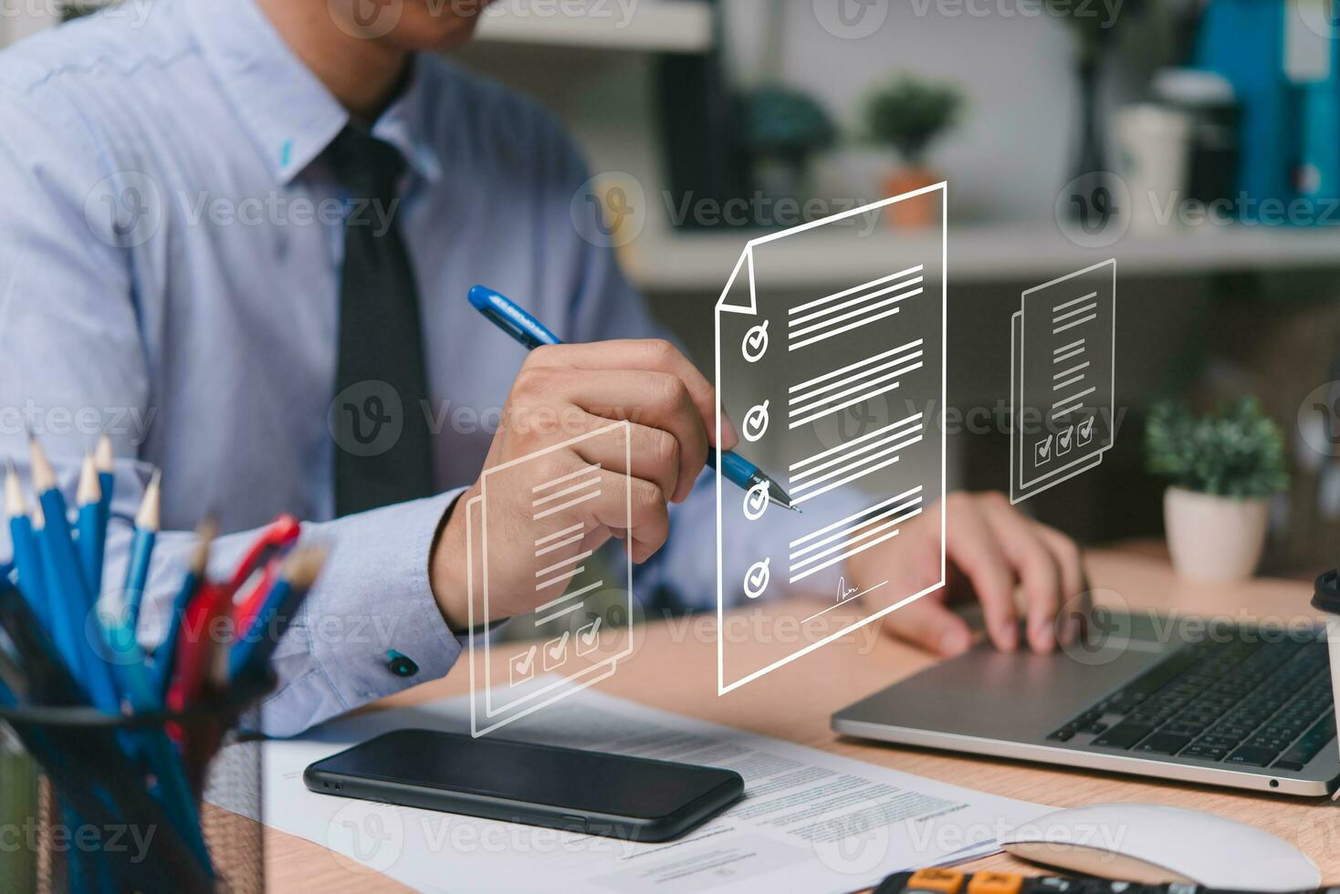 Businessman electronically signs documents using a pen on a virtual screen, concept of e-signatures and paperless offices, technology and document management. photo