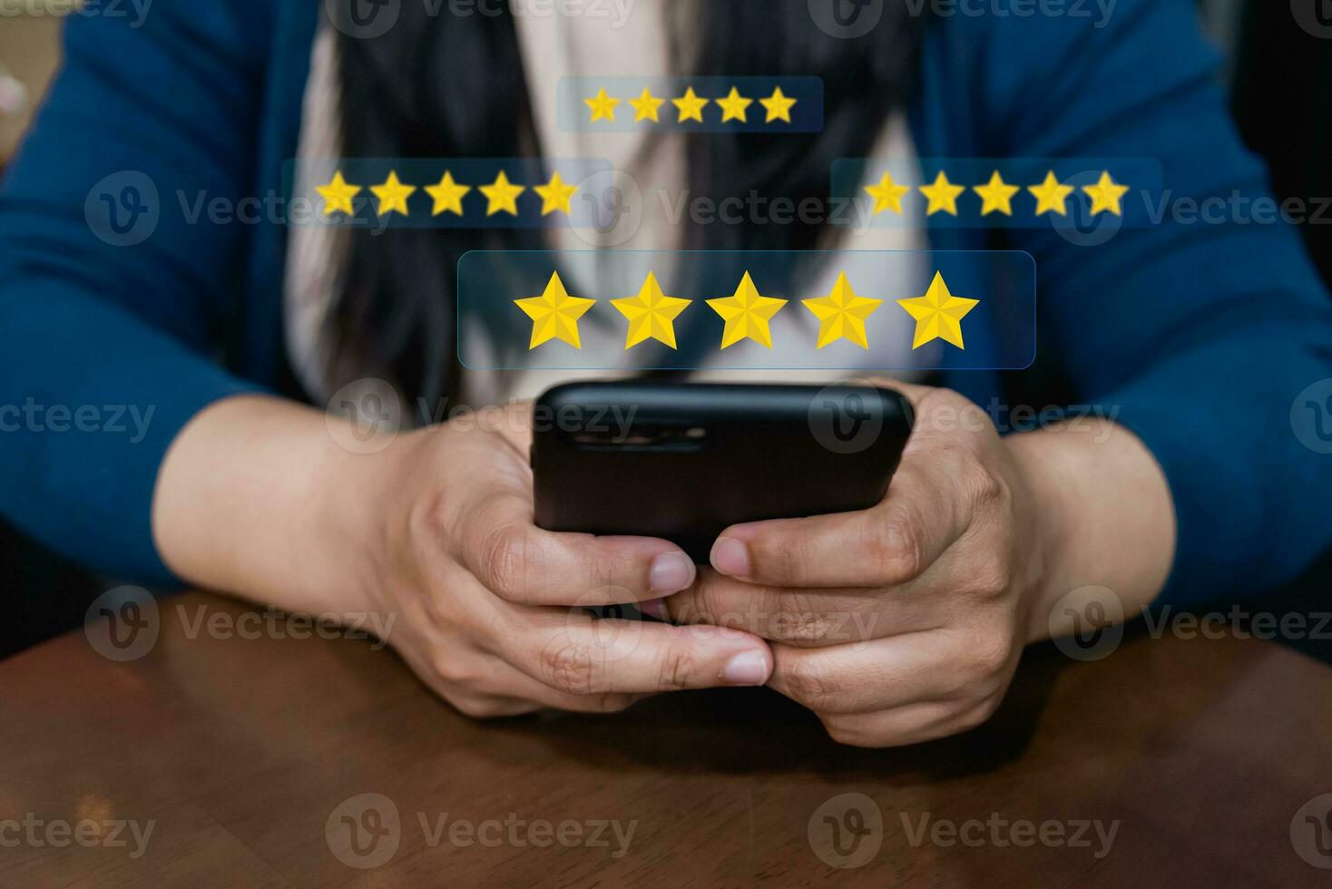 Businesses customer satisfaction surveys where customers can touch icon to rate their service experience with 5 stars. Client evaluate quality of service reputation ranking of business. photo