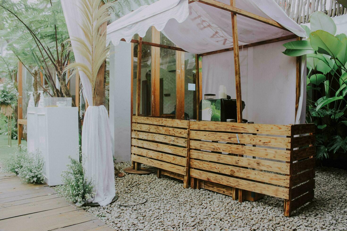 ambience traditional wedding event in the garden or outdoor with very beautiful and elegant flower decorations photo
