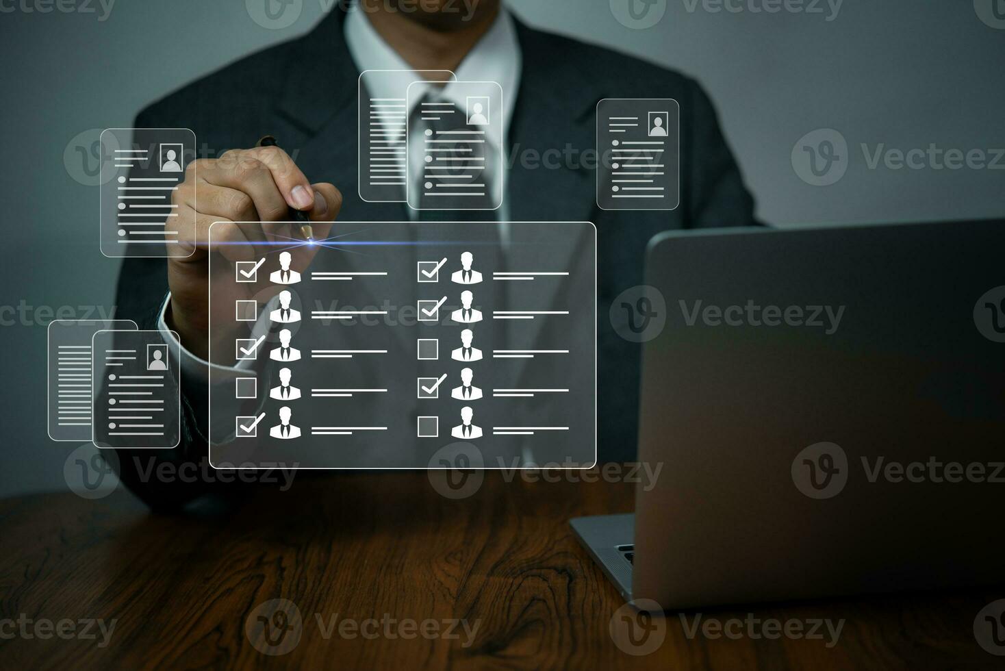 Human Resources Management HR, Employee Engagement and skill Development recruitment, employee and workplace. Manger checking job talent the employees profiles online survey form. photo