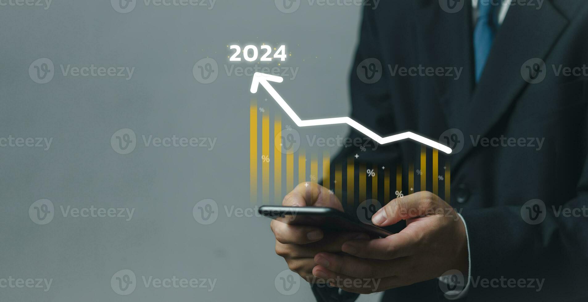 negocio financiero grafico crecimiento 2024, empresario análisis objetivos, planes y visiones estrategia inversiones mercado futuro dinero tecnología concepto. foto