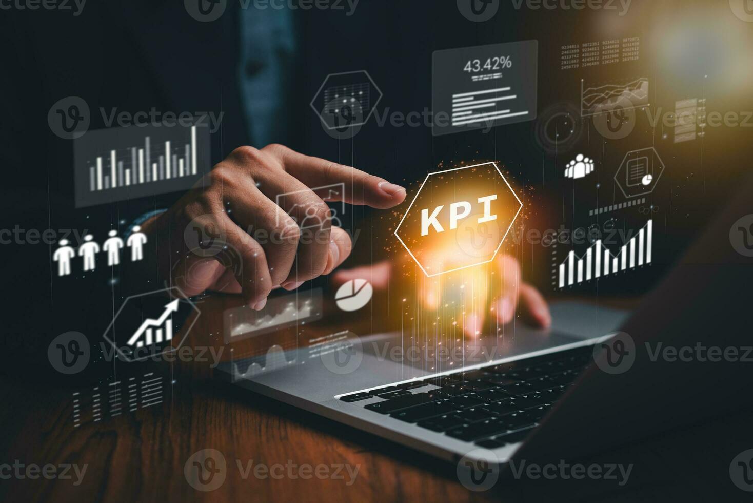 Man analyzes business finance data on laptop, investment figures digital marketing KPI and sales report. Utilizing financial management technology, an advisor navigates KPI virtual screen cyber space. photo