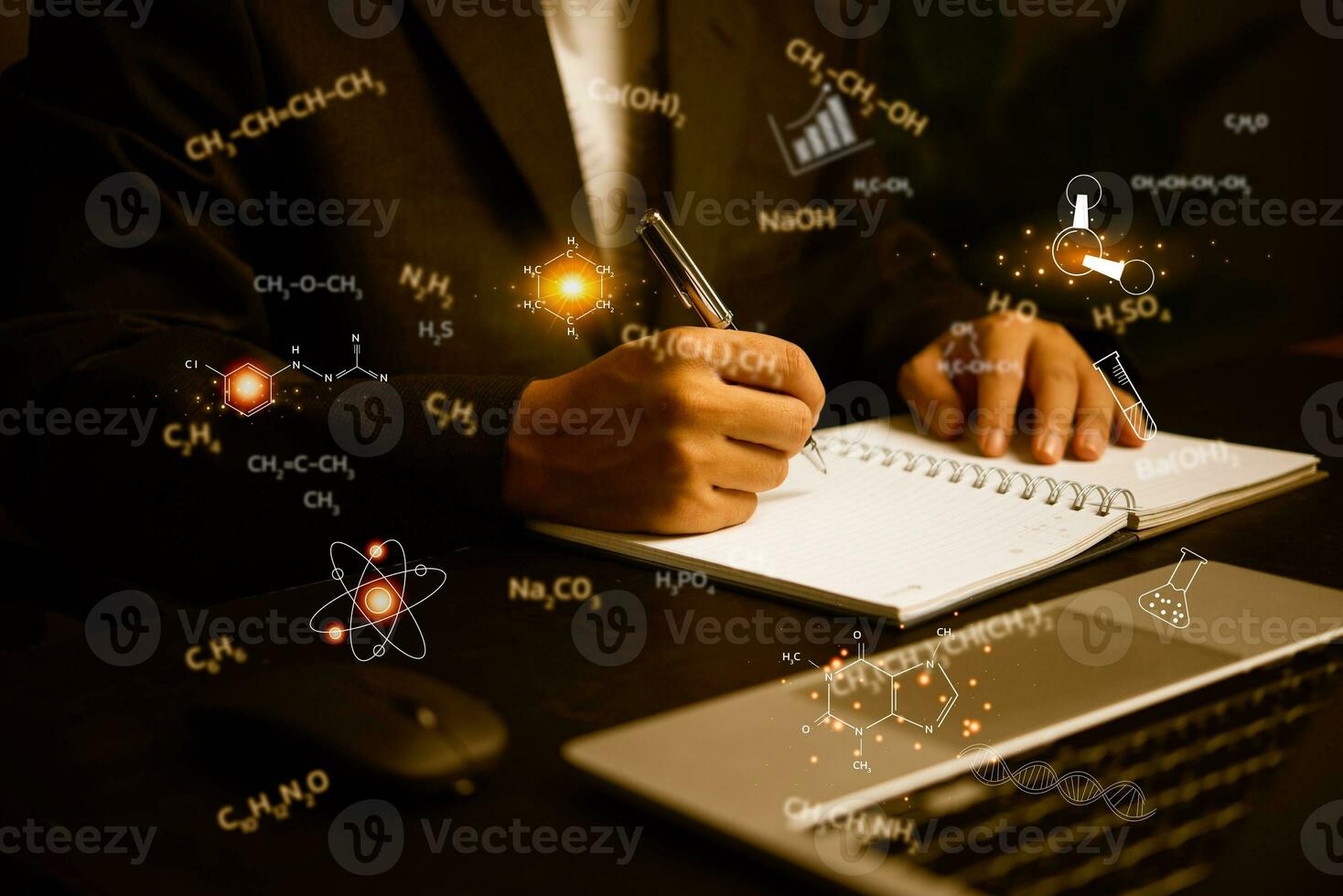 Male hand holding a pen write down scientific data or math formulas at the desk. photo