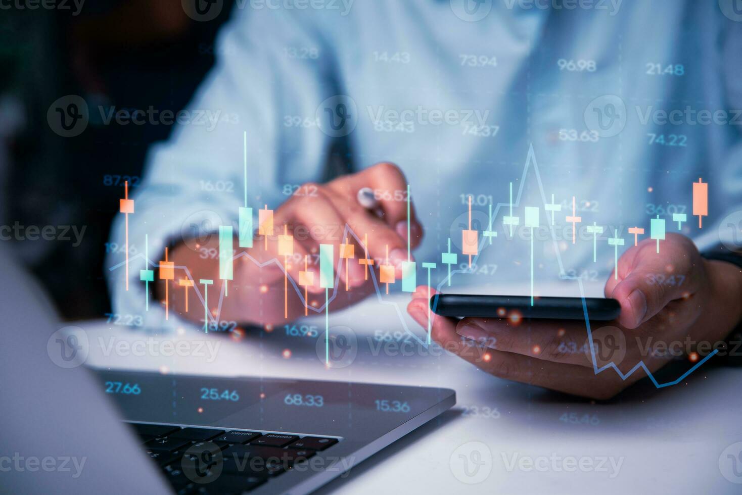 Stock market price and indicators investment analysis chart forex exchange finance banking and cryptocurrency Business concept digital graph invest fund statistic data on virtual screen. photo