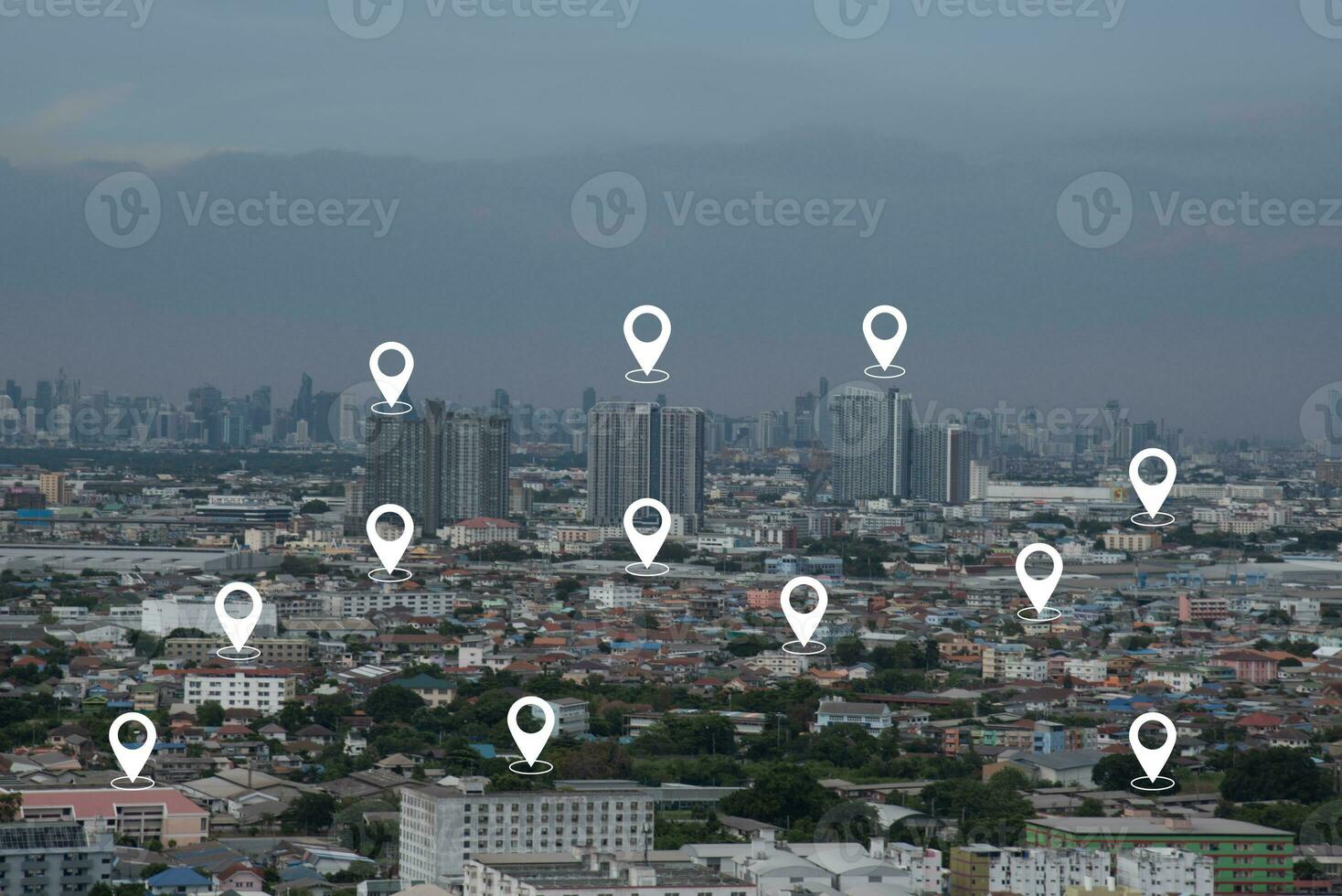 pin location data gps and city scape business digtial network connection concept photo
