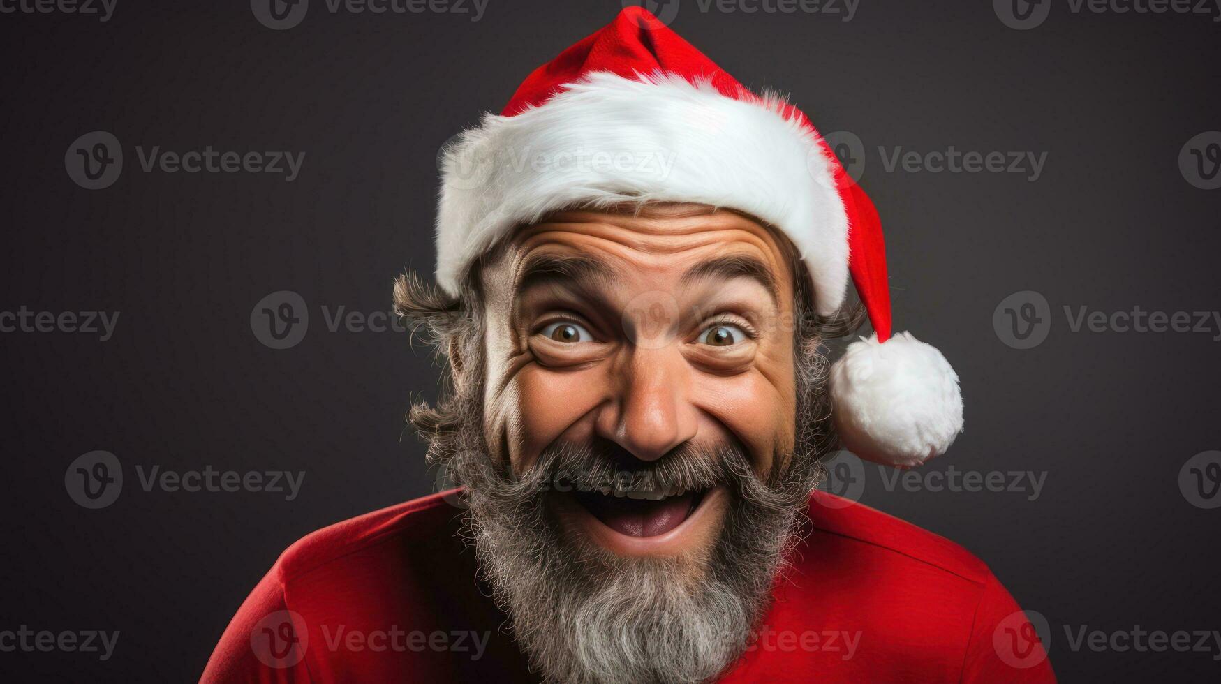 Surprised man with red clothes and christmas hat on a dark background Generative AI photo