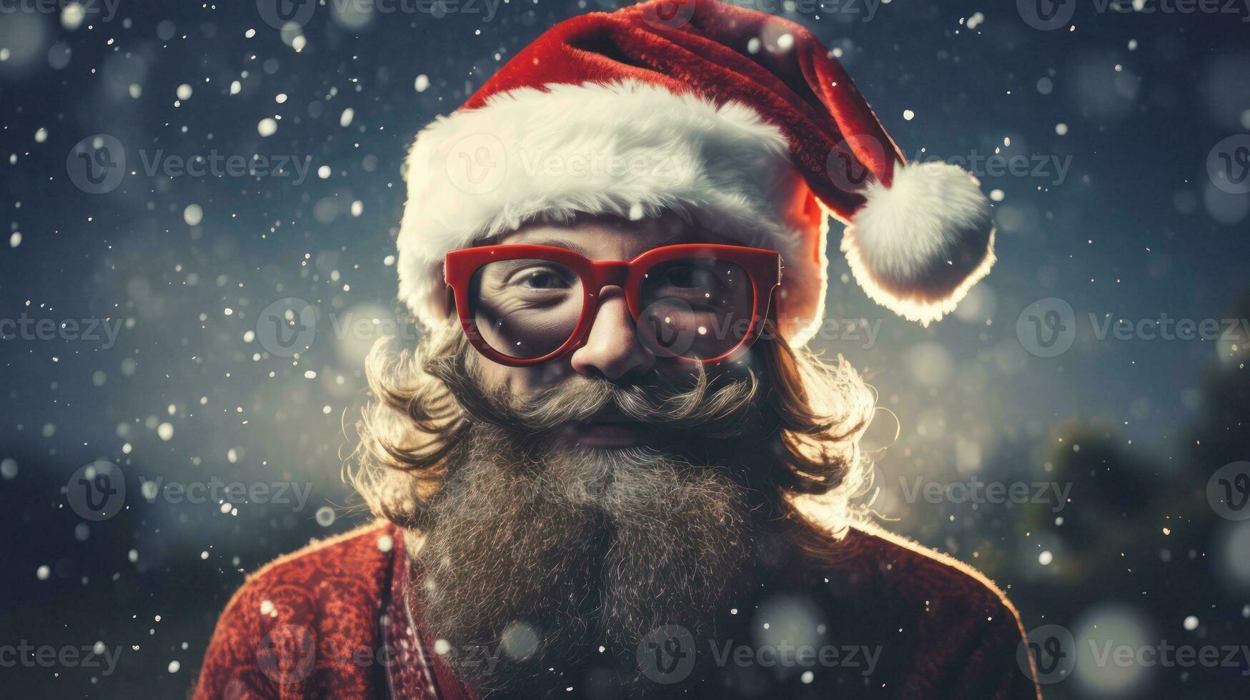 Portrait of Santa Claus with long beard and mustache wearing red glasses on snowy background Generative AI photo