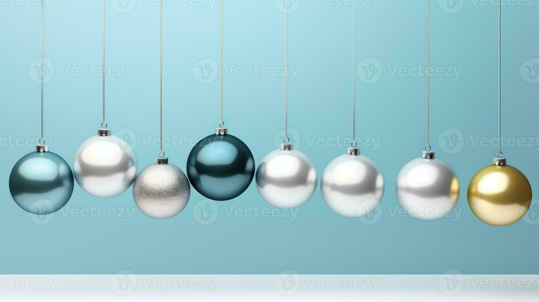 Christmas baubles hanging on blue background. 3D rendering. Generative AI photo