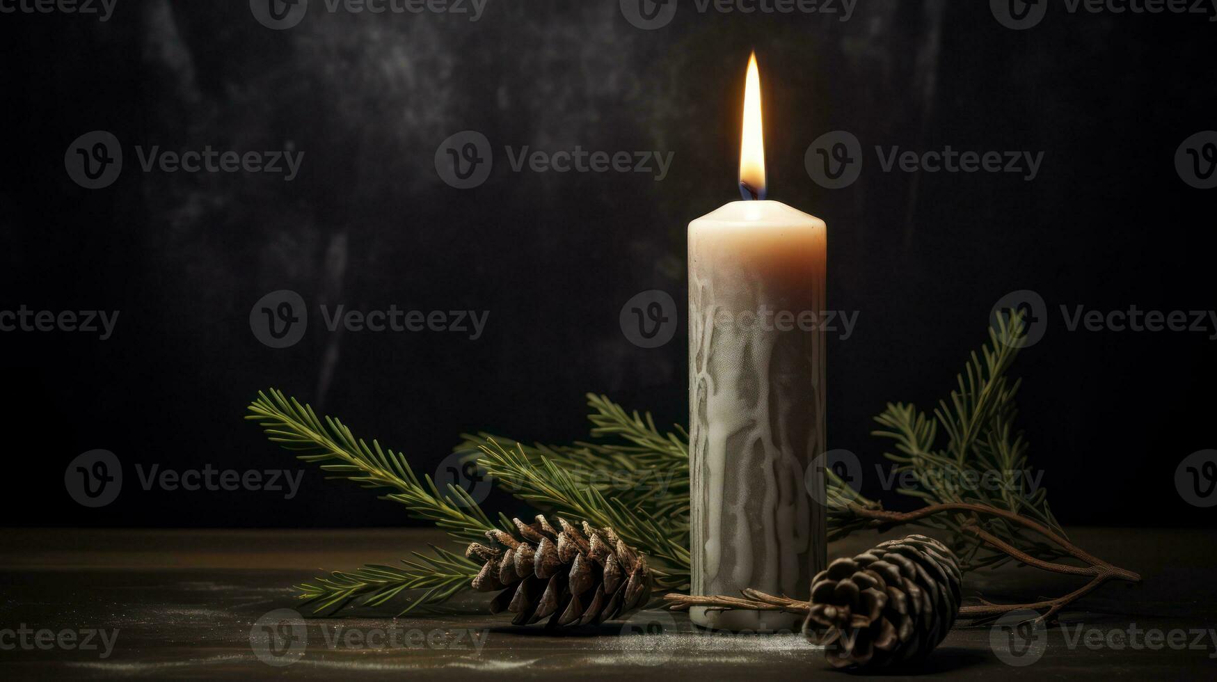 Burning candle with pine cones and branches on a dark background. Generative AI photo