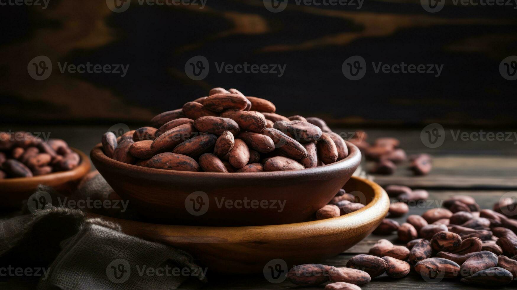 Cocoa beans in bowl on wooden background. Selective focus. Generative AI photo