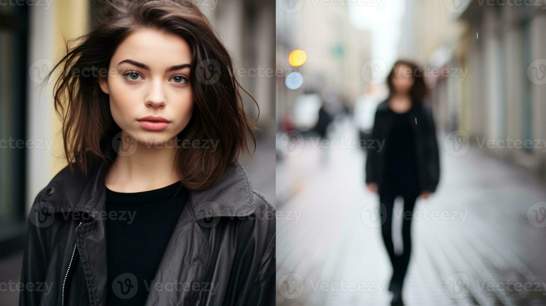 Close up portrait of beautiful young woman in black coat walking on the street Generative AI photo