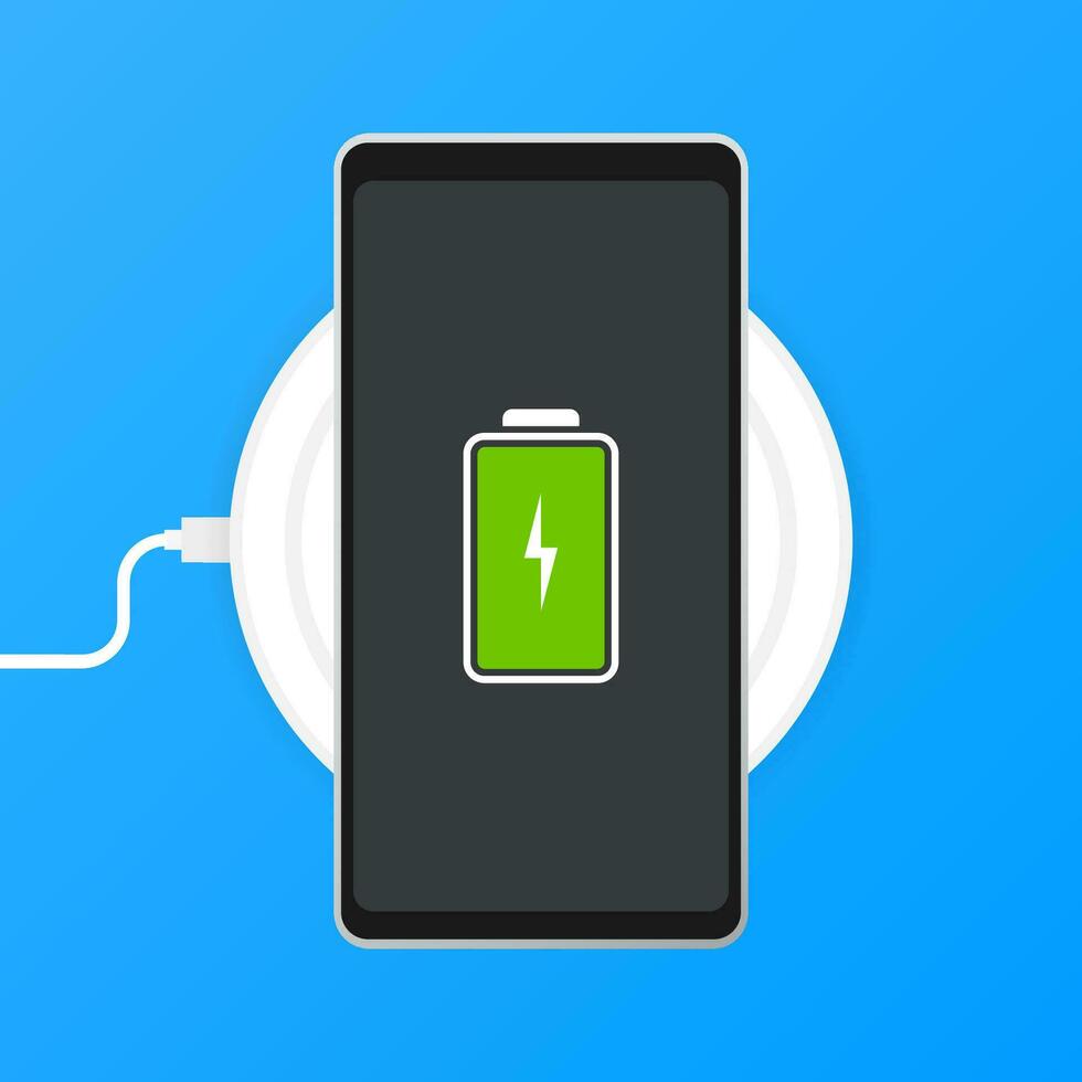 Phone charging, flat icon isolated on a blue background. Concept background design. vector