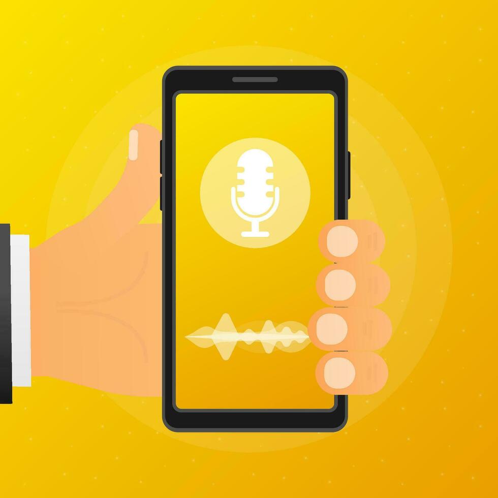 mano sostiene teléfono con grabar podcast en pantalla en amarillo antecedentes. vector ilustración.