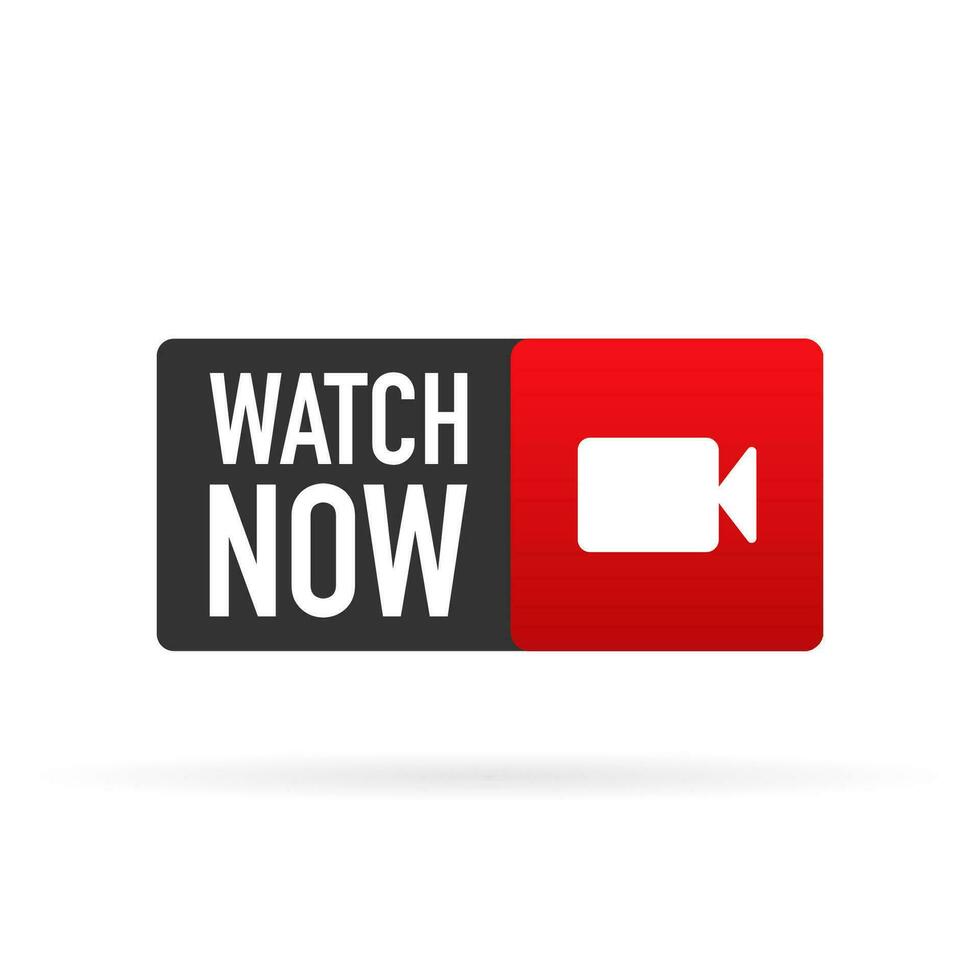 Watch now banner in flat style on white background. Play video. Web media. Online translation. Vector illustration.