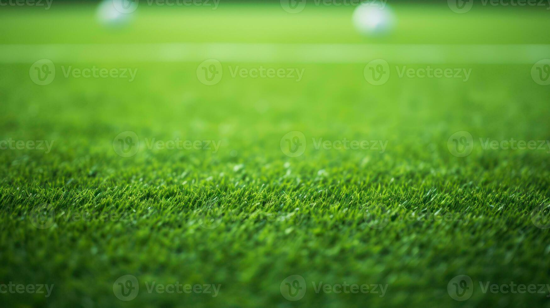 Soccer field with green grass and light bokeh background. Generative AI photo