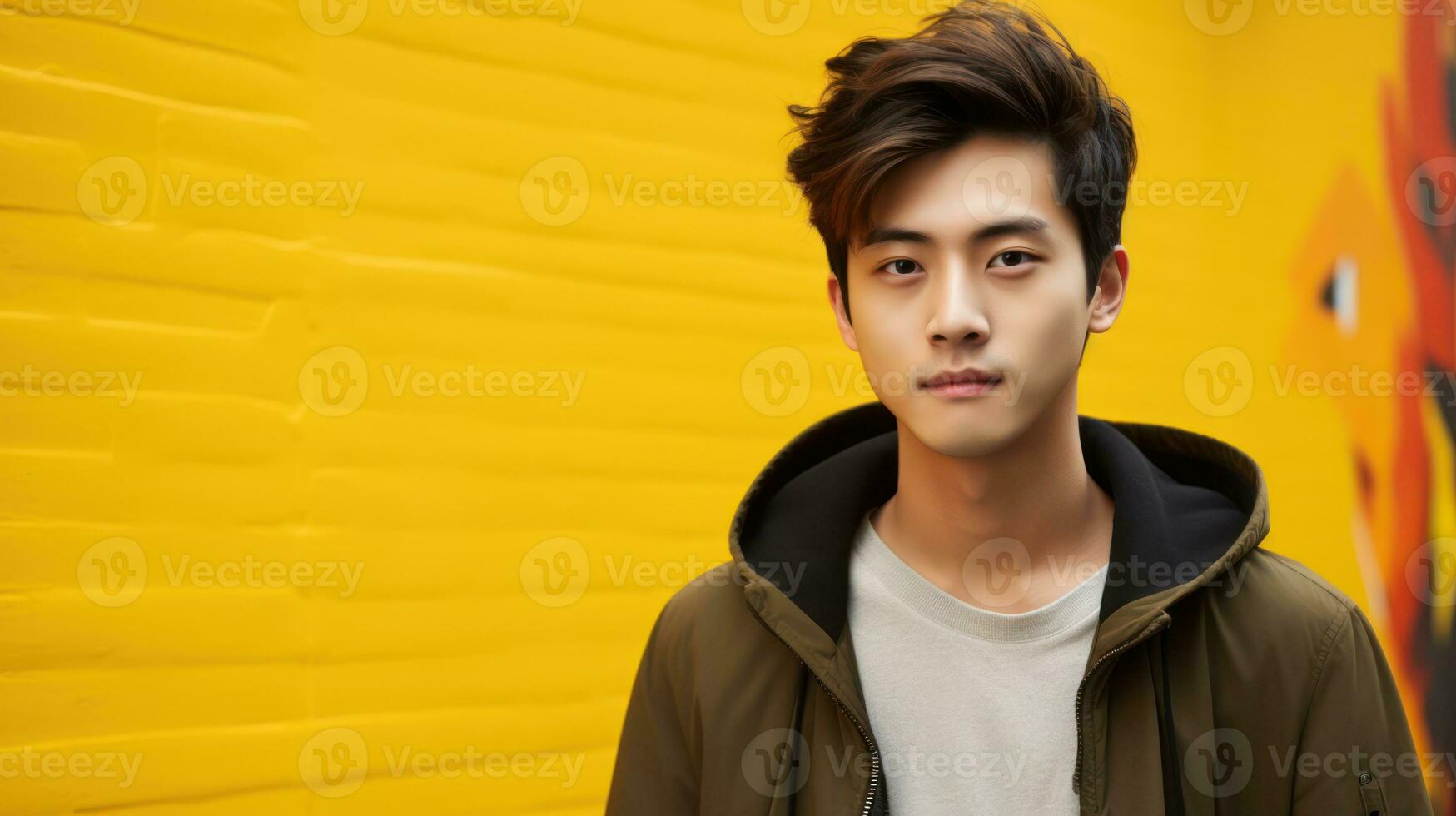 Portrait of a handsome young asian man standing against yellow wall Generative AI photo