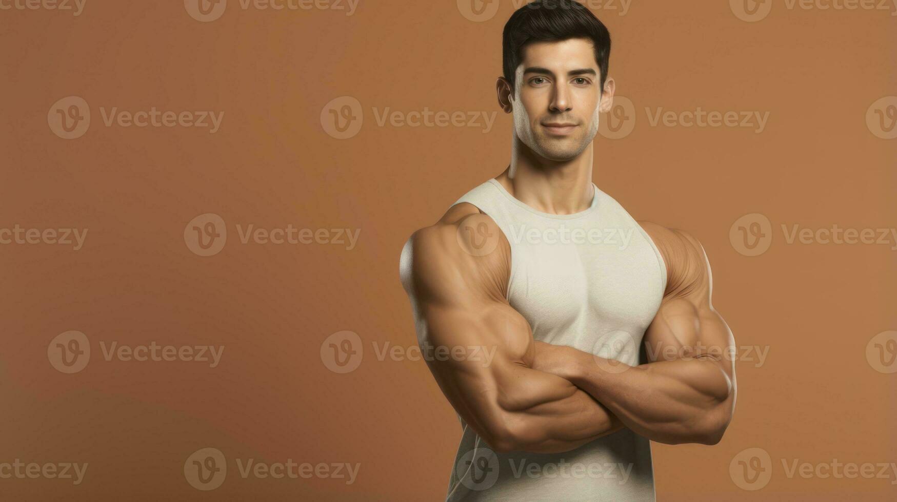 Handsome young man with muscular body posing in studio on brown background. Generative AI photo