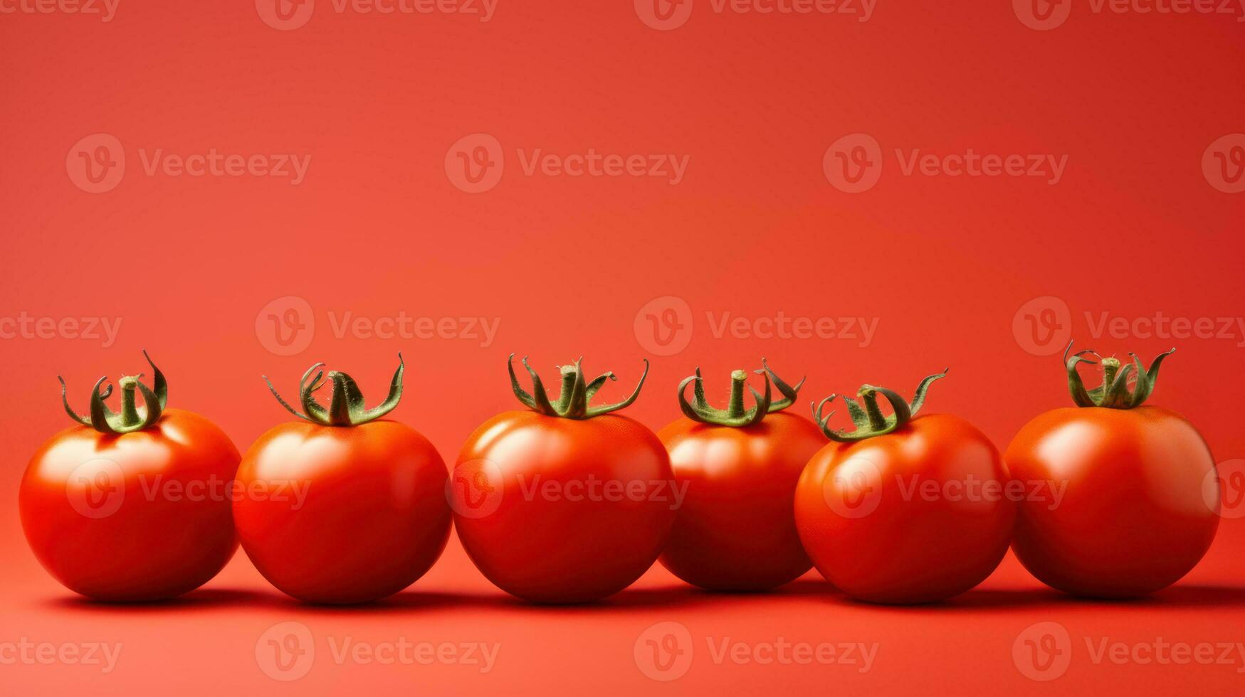 Group of ripe red tomatoes on a red background. 3d illustration Generative AI photo