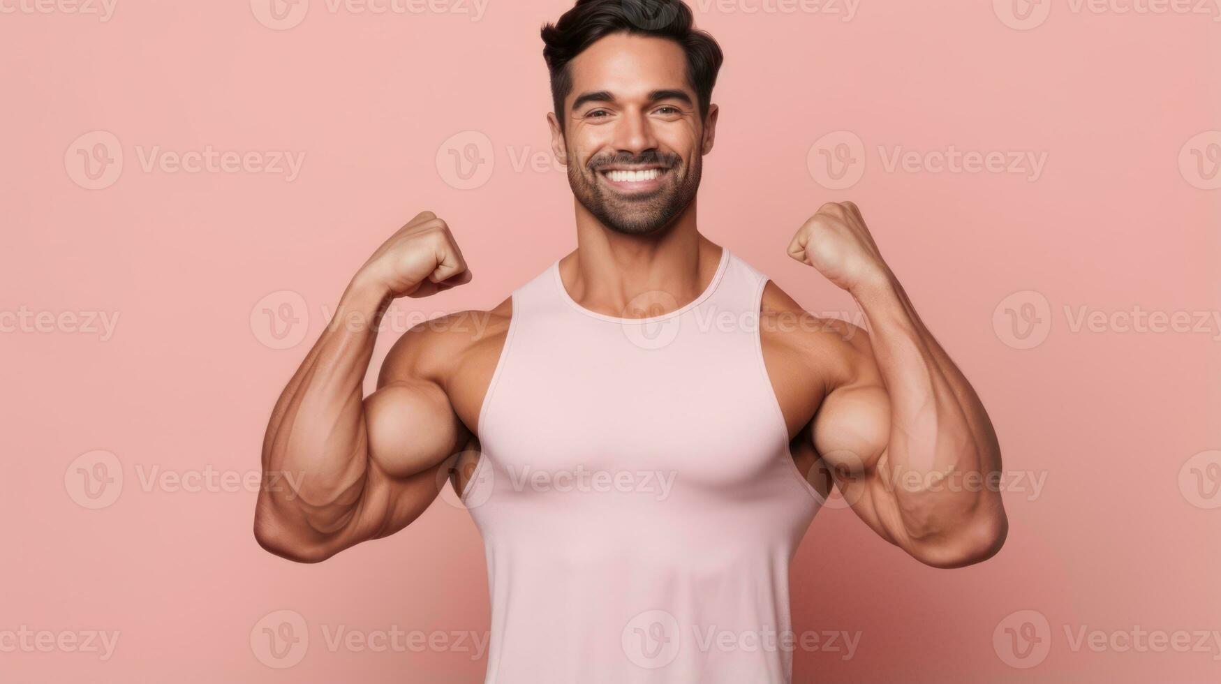 Happy young man in sportswear showing biceps and looking at camera Generative AI photo