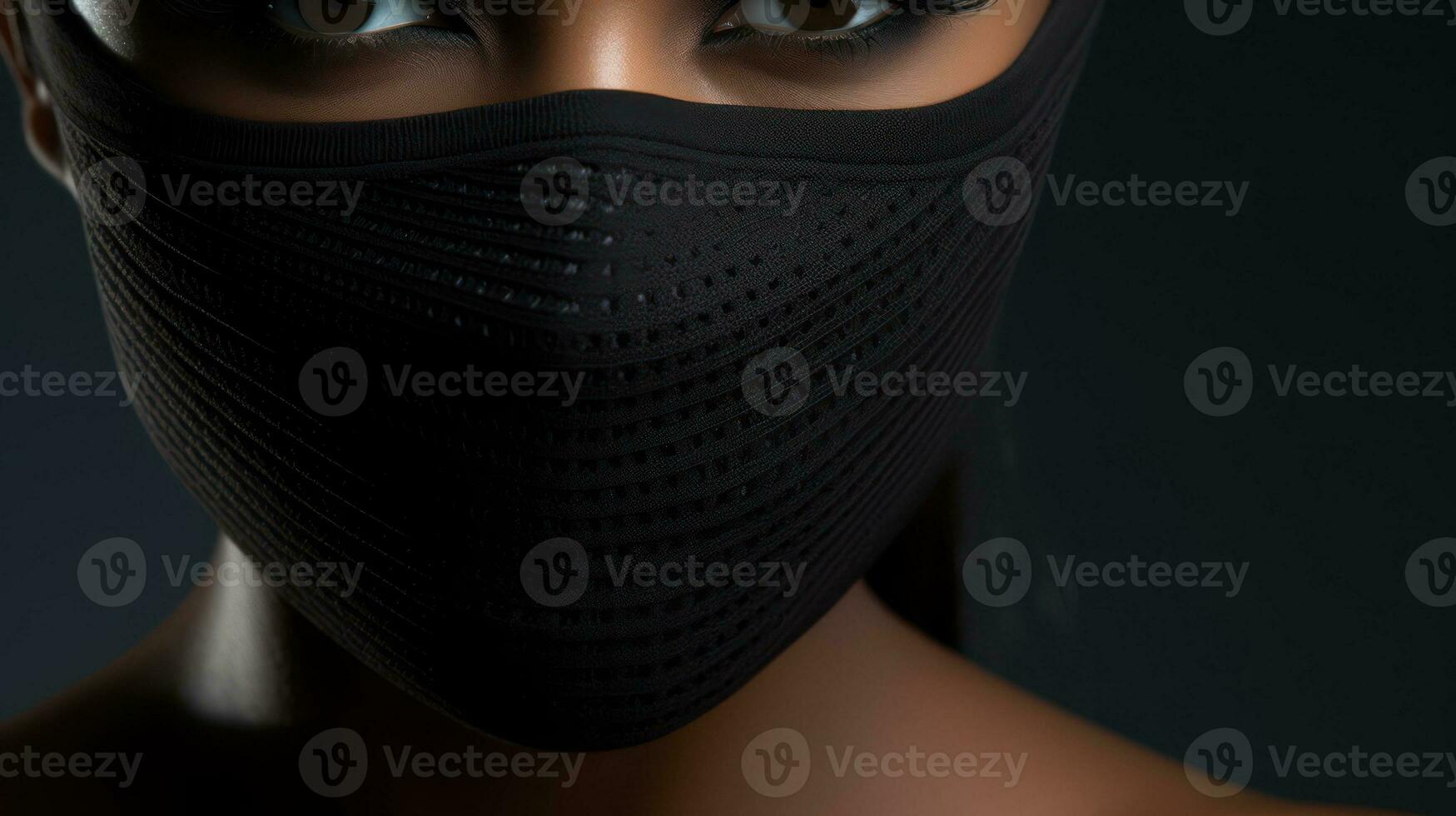 Closeup portrait of a beautiful young woman wearing a black mask. Generative AI photo