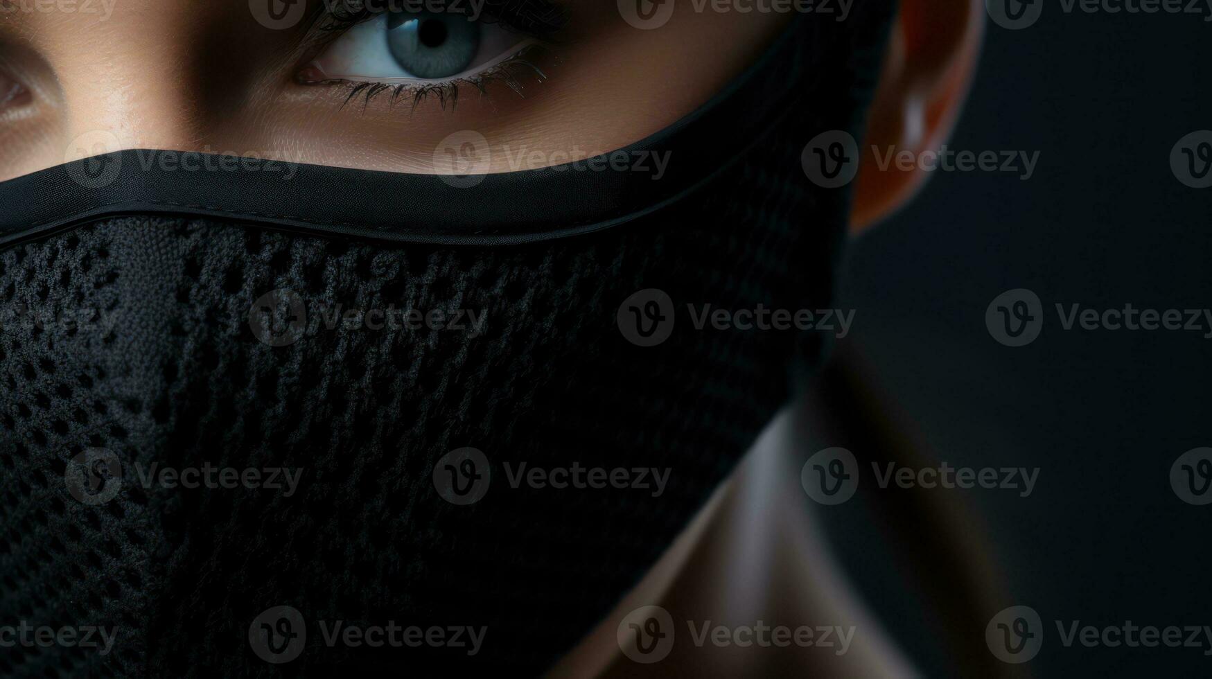 Close-up portrait of a woman in a black mask. The concept of protection against viruses and bacteria. Generative AI photo