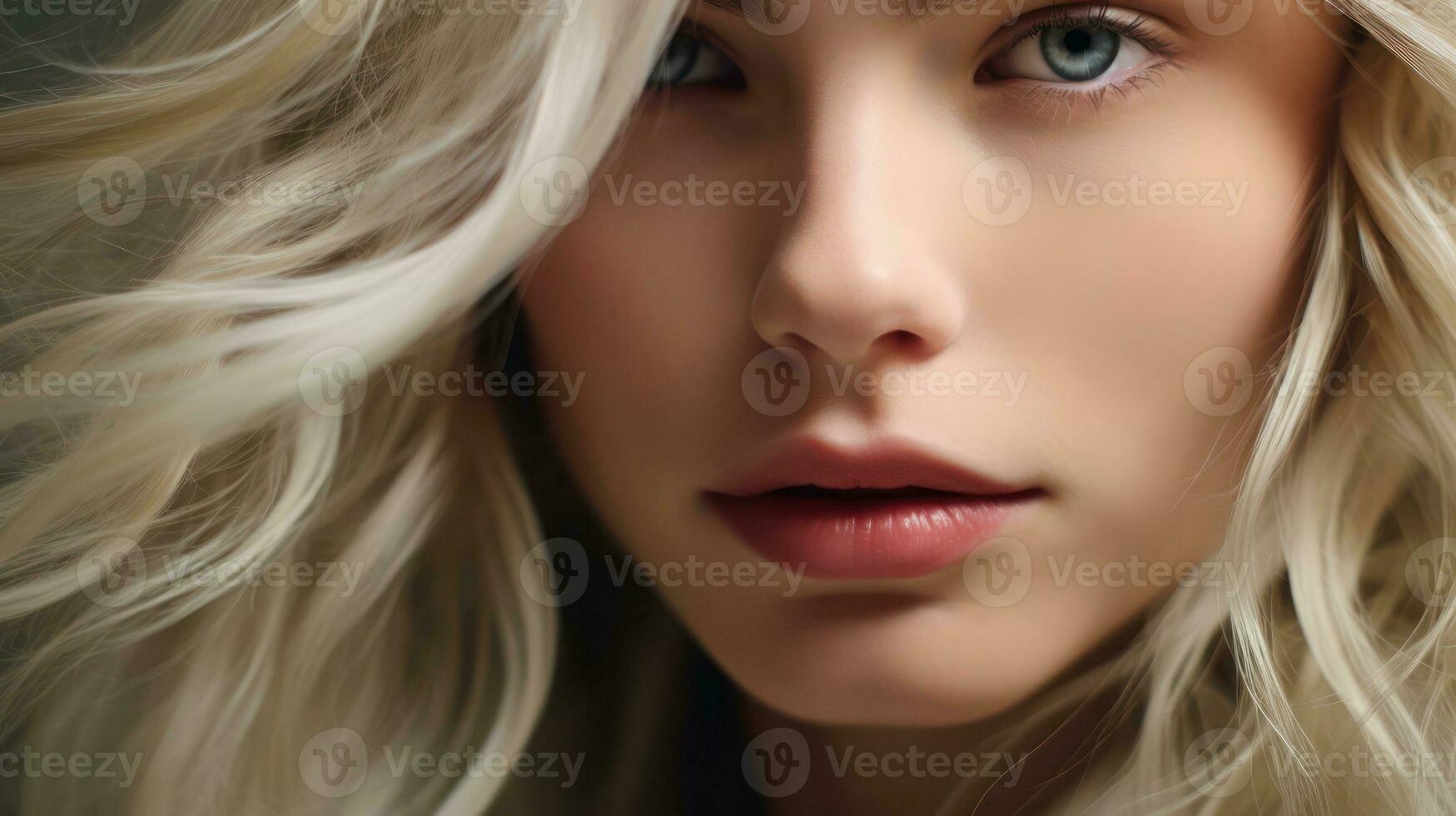 Portrait of a beautiful young woman with long blond hair. Close-up. Generative AI photo