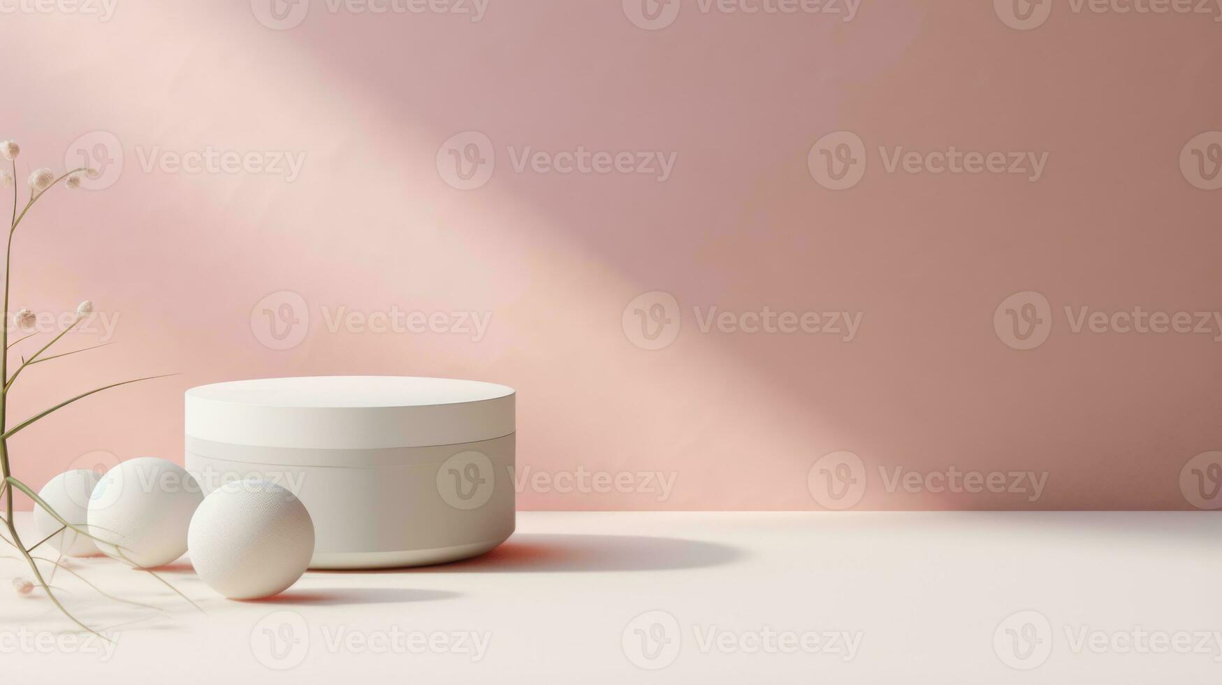 3d render of minimal product display podium, cream or lotion cosmetic jar, white eggs on pastel pink background Generative AI photo