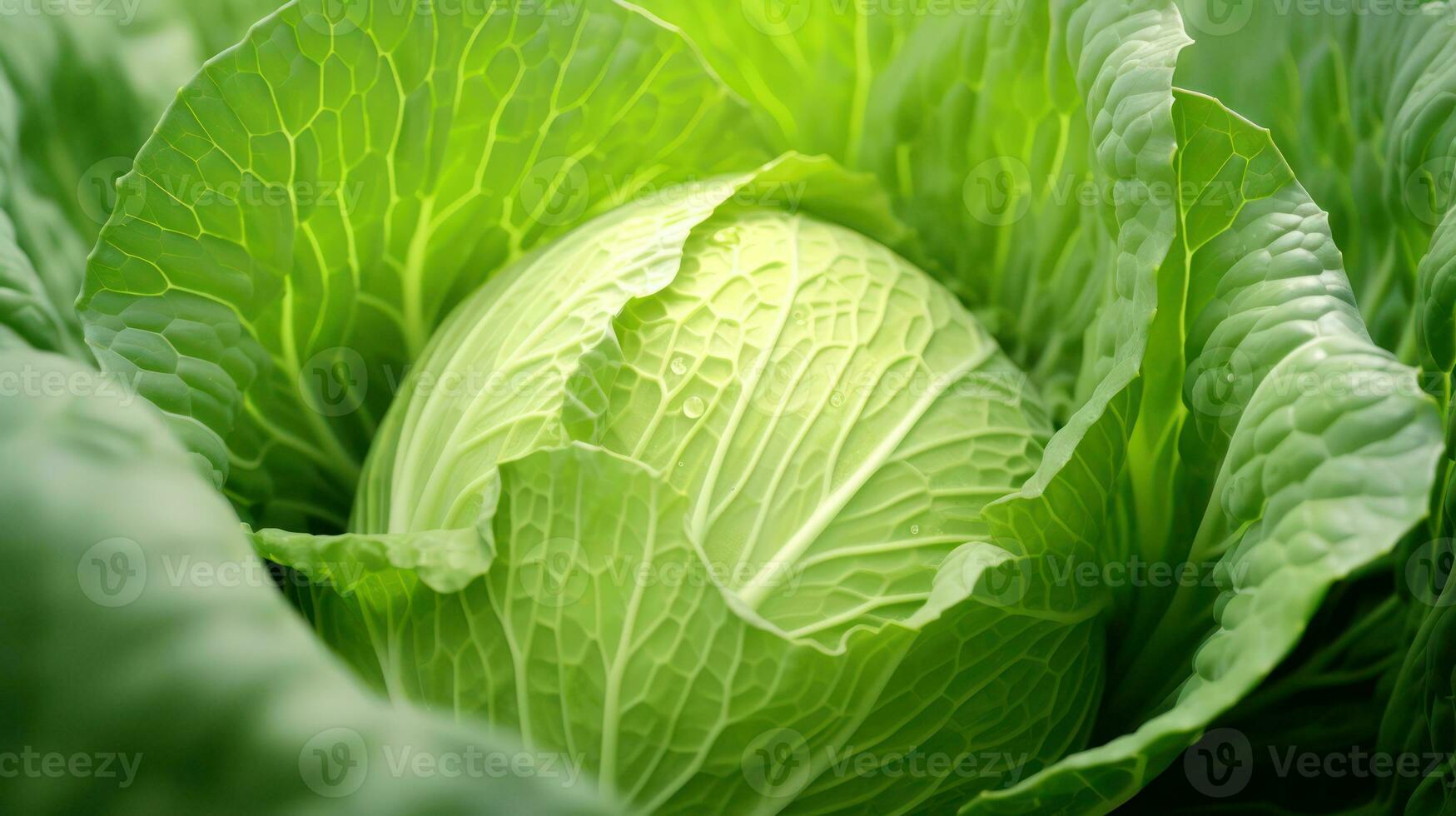 Close up of fresh green cabbage. Selective focus. Shallow DOF Generative AI photo