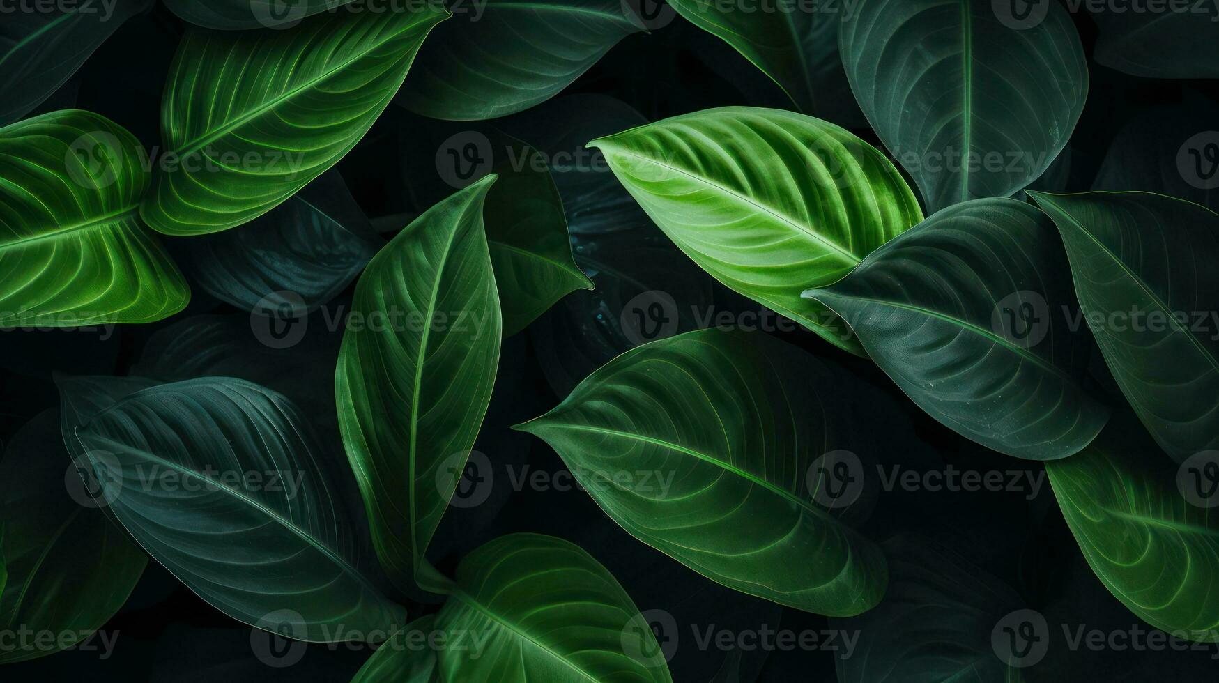 Seamless pattern with green monstera leaves on dark background. Generative AI photo
