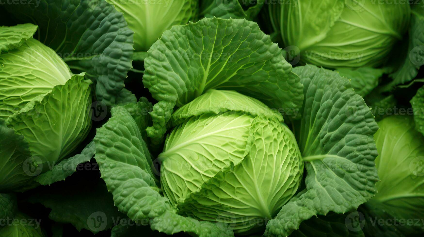 Fresh green cabbage in a vegetable garden, close-up. Food background. Generative AI photo