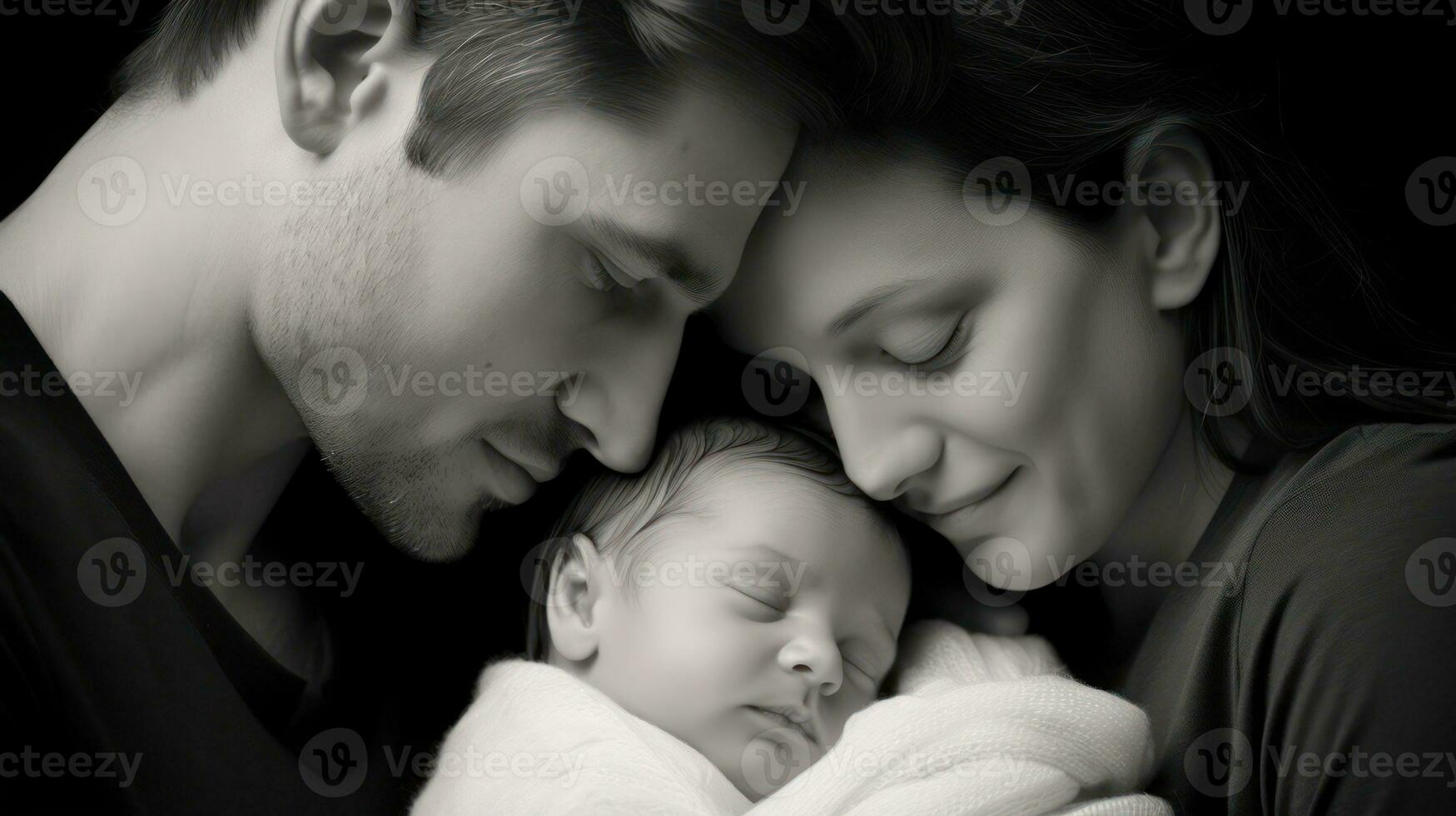 Mother and father with their newborn baby. Black and white image. Generative AI photo