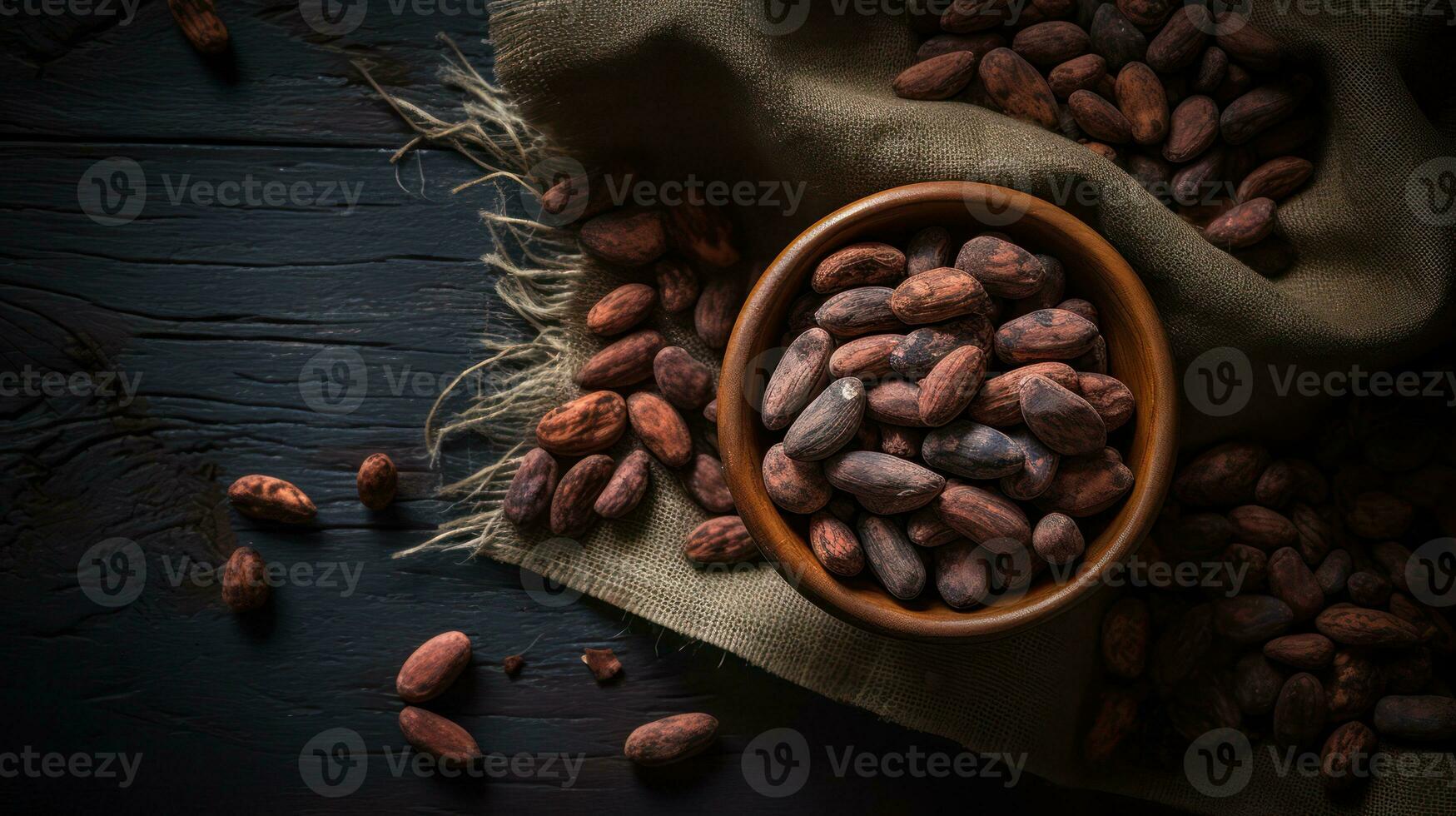 Cocoa beans in a bowl on a black background, top view Generative AI photo